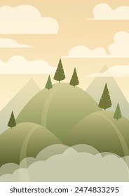 Country rural landscape scene with green hills among clouds. Skyline with mountains flat cartoon style