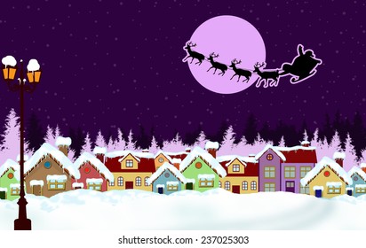 Country rural snowy in the Christmas night with Santa's sleigh, vector illustration
