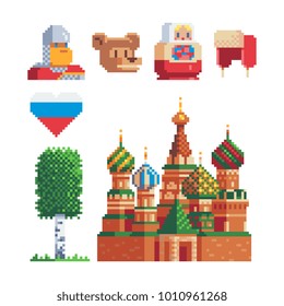 Country Russia. Pixel art icons. Stickers design. Russian jornely travel landmark. National traditional elements. St. Basil cathedral. Birch and bear. Winter earflaps hat Isolated illustration.