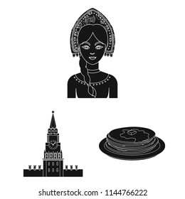 Country Russia, travel black icons in set collection for design. Attractions and features vector symbol stock web illustration.