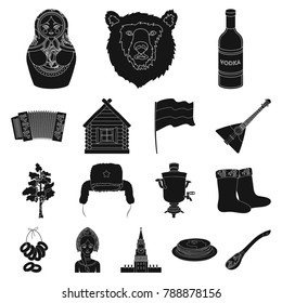 Country Russia, travel black icons in set collection for design. Attractions and features vector symbol stock web illustration.