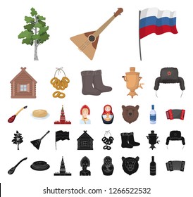 Country Russia, travel cartoon, black icons in set collection for design. Attractions and features vector symbol stock web illustration.