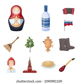 Country Russia, travel cartoon icons in set collection for design. Attractions and features vector symbol stock web illustration.