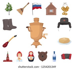 Country Russia, travel cartoon icons in set collection for design. Attractions and features vector symbol stock web illustration.