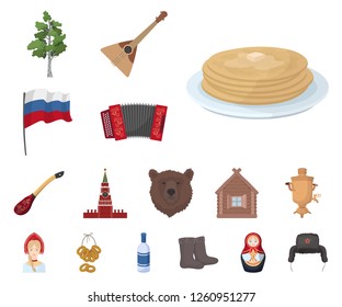 Country Russia, travel cartoon icons in set collection for design. Attractions and features vector symbol stock web illustration.