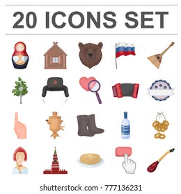 Country Russia, travel cartoon icons in set collection for design. Attractions and features vector symbol stock web illustration.