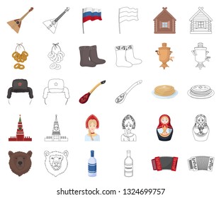 Country Russia, travel cartoon,outline icons in set collection for design. Attractions and features vector symbol stock web illustration.