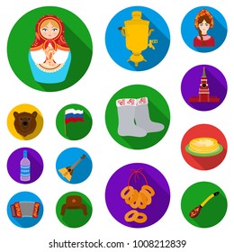 Country Russia, travel flat icons in set collection for design. Attractions and features vector symbol stock web illustration.