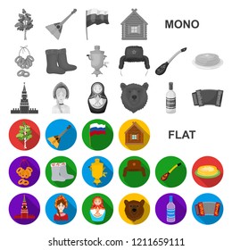 Country Russia, travel flat icons in set collection for design. Attractions and features vector symbol stock web illustration.