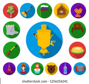 Country Russia, travel flat icons in set collection for design. Attractions and features vector symbol stock web illustration.