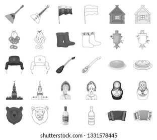 Country Russia, travel monochrome,outline icons in set collection for design. Attractions and features vector symbol stock web illustration.