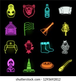 Country Russia, travel neon icons in set collection for design. Attractions and features vector symbol stock web illustration.