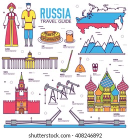 Country Russia travel vacation guide of goods, place and feature. Set of architecture, fashion, people, item, nature background concept. Infographic traditional ethnic flat, outline, thin line icon