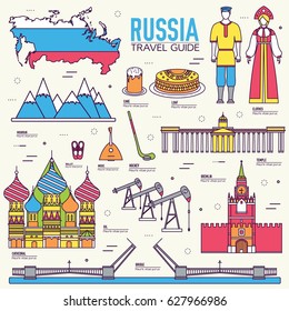 Country Russia travel vacation guide of goods, place and feature. Set of architecture, fashion, people, item, nature background concept. Infographic traditional ethnic flat, outline, thin line icon