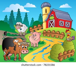 Country scene with red barn 1 - vector illustration.