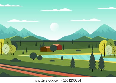 Country scenic house in the forest, illustration