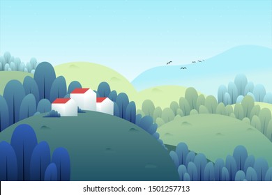 Country scenic house in the forest, illustration