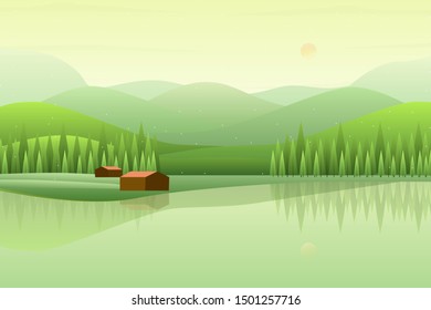 Country scenic house in the forest, illustration