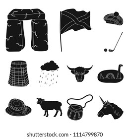 Country Scotland black icons in set collection for design. Sightseeing, culture and tradition vector symbol stock web illustration.