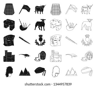 Country Scotland black,outline icons in set collection for design. Sightseeing, culture and tradition vector symbol stock web illustration.