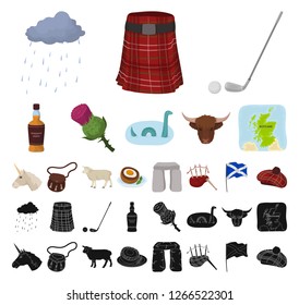 Country Scotland cartoon, black icons in set collection for design. Sightseeing, culture and tradition vector symbol stock web illustration.