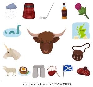 Country Scotland cartoon icons in set collection for design. Sightseeing, culture and tradition vector symbol stock web illustration.