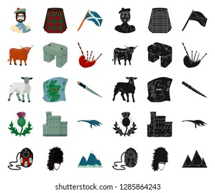 Country Scotland cartoon,black icons in set collection for design. Sightseeing, culture and tradition vector symbol stock web illustration.