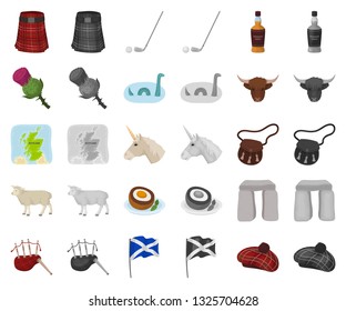 Country Scotland cartoon,monochrom icons in set collection for design. Sightseeing, culture and tradition vector symbol stock web illustration.