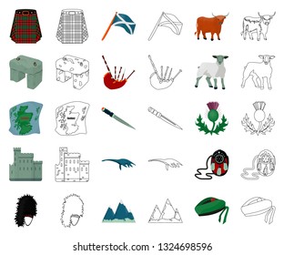 Country Scotland cartoon,outline icons in set collection for design. Sightseeing, culture and tradition vector symbol stock web illustration.