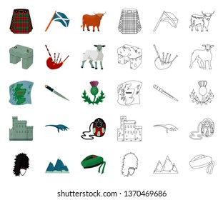 Country Scotland cartoon,outline icons in set collection for design. Sightseeing, culture and tradition vector symbol stock web illustration.