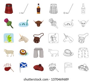 Country Scotland cartoon,outline icons in set collection for design. Sightseeing, culture and tradition vector symbol stock web illustration.