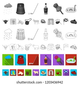 Country Scotland flat icons in set collection for design. Sightseeing, culture and tradition vector symbol stock web illustration.