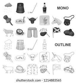 Country Scotland monochrom icons in set collection for design. Sightseeing, culture and tradition vector symbol stock web illustration.