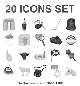 Country Scotland monochrome icons in set collection for design. Sightseeing, culture and tradition vector symbol stock web illustration.