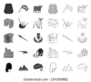 Country Scotland mono,outline icons in set collection for design. Sightseeing, culture and tradition vector symbol stock web illustration.
