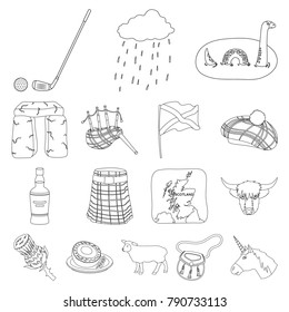 Country Scotland outline icons in set collection for design. Sightseeing, culture and tradition vector symbol stock web illustration.