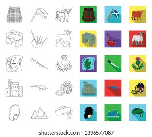 Country Scotland outline,flat icons in set collection  design. Sightseeing, culture and tradition vector symbol stock web illustration.