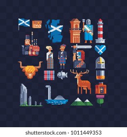 Country Scotland. Pixel art icons. 80s style. Scottish landmark, animals, map, flag, national dress. Stickers design. Isolated vector illustration. 