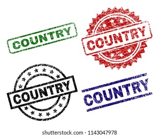 COUNTRY seal prints with corroded texture. Black, green,red,blue vector rubber prints of COUNTRY caption with retro texture. Rubber seals with circle, rectangle, rosette shapes.