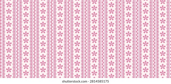 Country seamless pattern with flowers, stripes and lace. Abstract pink background with simple floral ornament. Vintage rustic wallpaper print, vector illustration