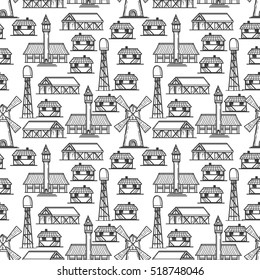 Country seamless pattern with mill barn and houses vector