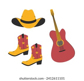 Conjunto de países. Oeste. Guitarra, sombrero, botas. Vector.