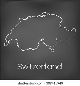 A Country Shape isolated on chalk board with the name and shape of Switzerland