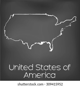 A Country Shape isolated on chalk board with the name and shape of United States of America
