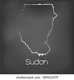 A Country Shape isolated on chalk board with the name and shape of Sudan