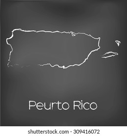 A Country Shape isolated on chalk board with the name and shape of Puerto Rico