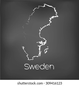A Country Shape isolated on chalk board with the name and shape of Sweden