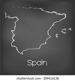 A Country Shape isolated on chalk board with the name and shape of Spain