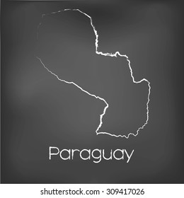 A Country Shape isolated on chalk board with the name and shape of Paraguay