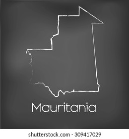 A Country Shape isolated on chalk board with the name and shape of Mauritania